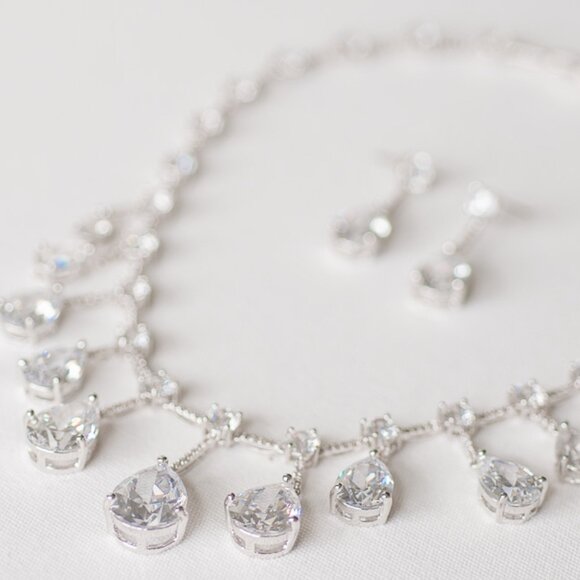 Bridal Statement Necklace and Earring Set, Cubic Zirconia Drops - Picture 5 of 6